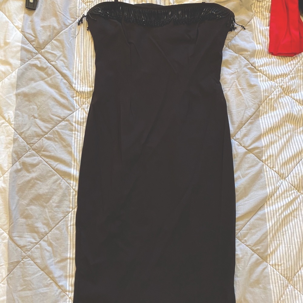 Black beaded fringe bengaline wiggle dress